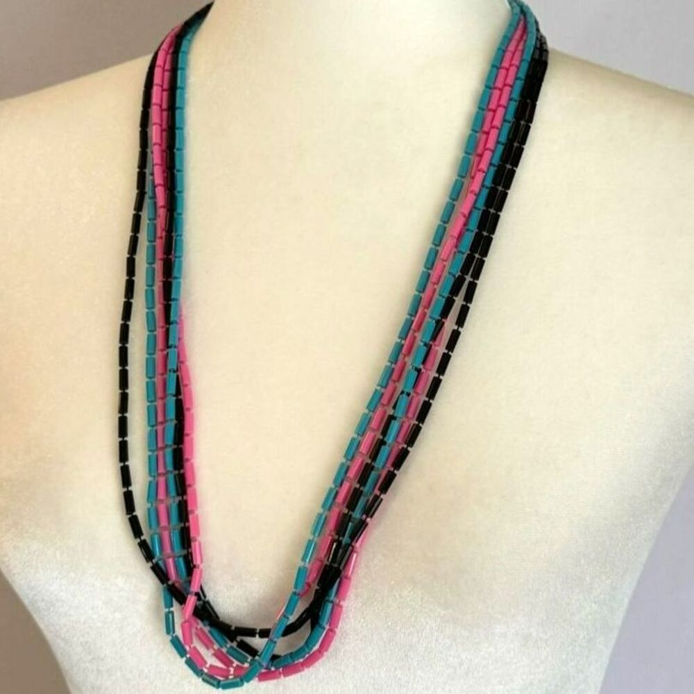 Vintage Multicolor Multistrand Necklace Pink Black and Turquoise